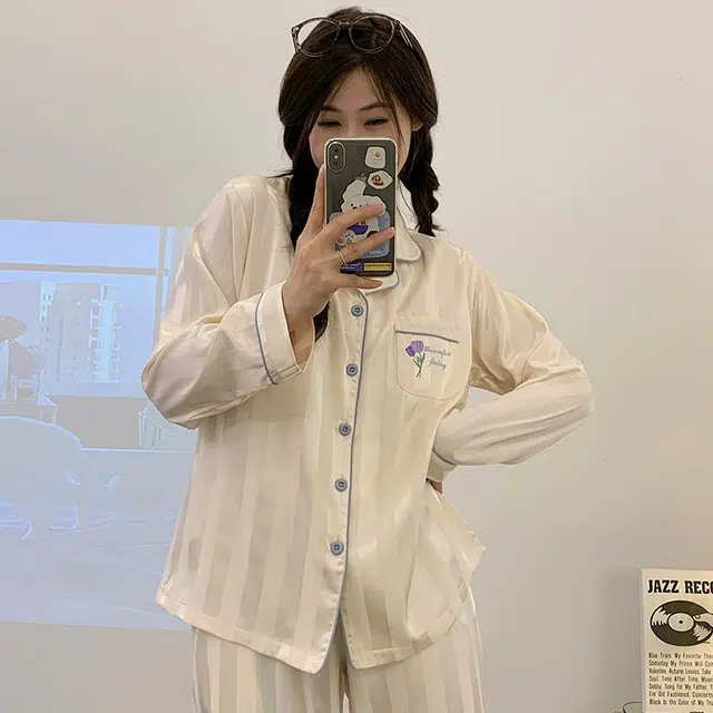 俏韵 翻领春秋季冰雪丝简约长袖长裤甜美休闲薄款家居服可外穿睡衣套装 女款