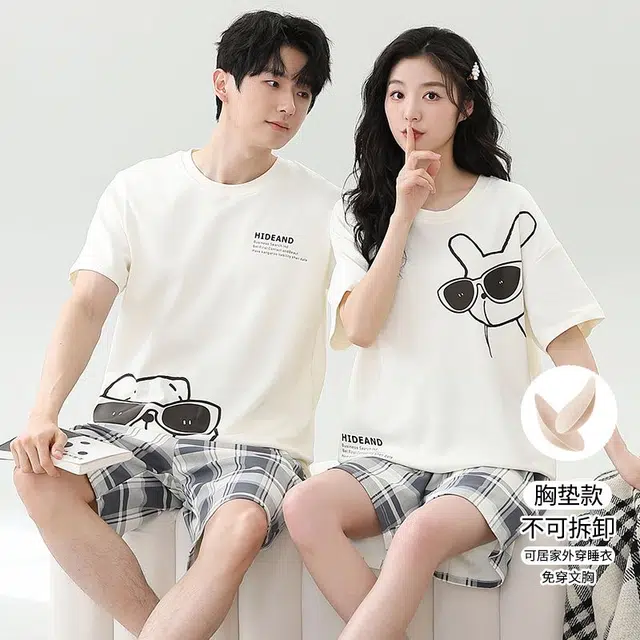俏韵 简约格子短袖舒适休闲家居服睡衣套装 男女同款