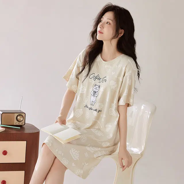 俏韵 圆领夏季短袖简约薄款舒适休闲家居服可外穿睡裙 女款