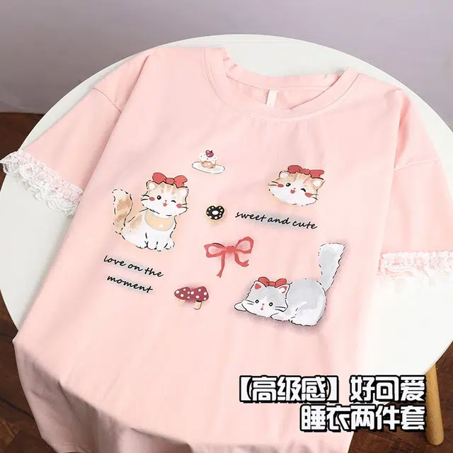 俏韵 圆领卡通短袖可爱带胸垫甜美家居服可外穿三分裤夏季睡衣套装 女款