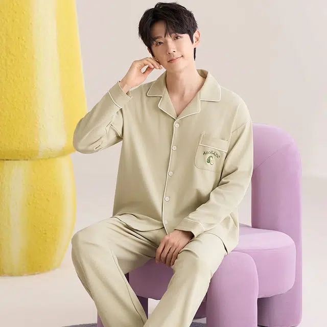 俏韵 翻领春秋季开衫长袖长裤休闲风简约宽松舒适薄款家居服可外穿睡衣套装 男款