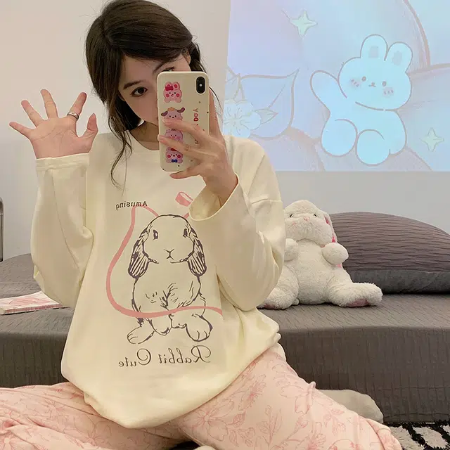 俏韵 圆领卡通春秋季仿棉长袖长裤简约印花休闲甜美薄款舒适家居服可外穿睡衣套装 女款