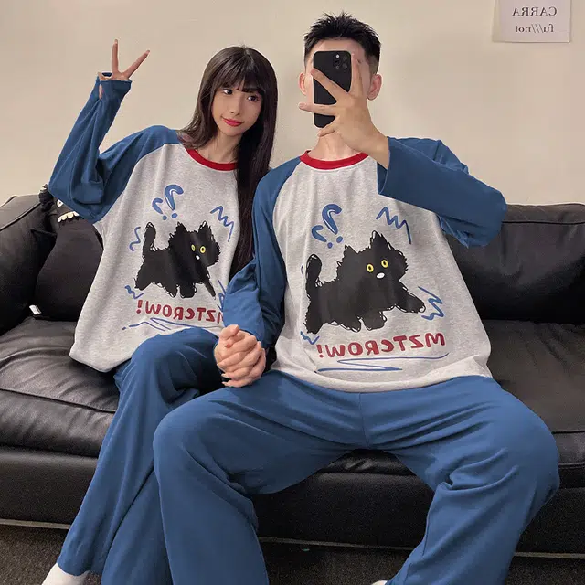 俏韵 圆领卡通春秋季简约长袖长裤甜美印花可爱舒适家居服可外穿睡衣套装 男女同款