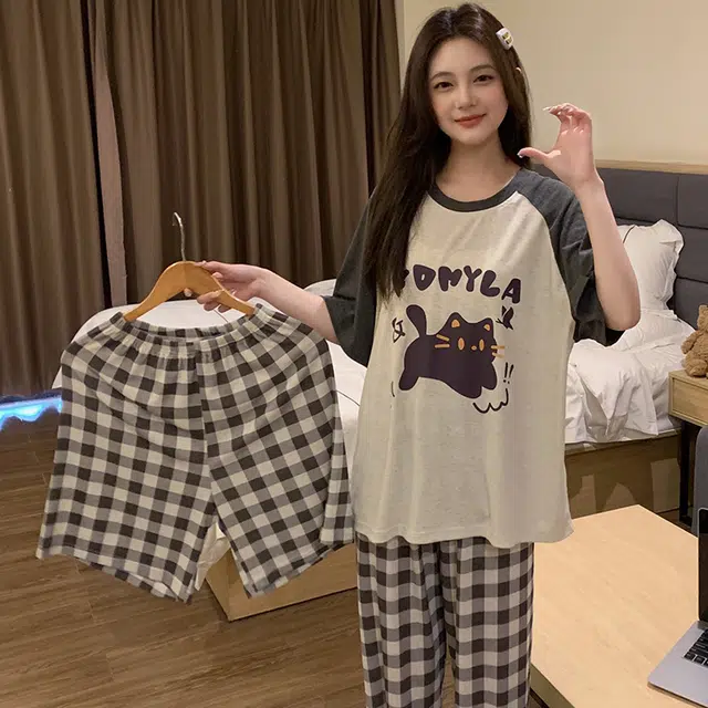 俏韵 圆领卡通小猫甜美短袖格子舒适家居服可外穿睡衣套装 女款