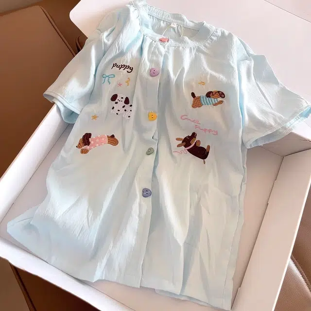 俏韵 圆领三件套清新蓝可爱小狗短袖家居服可外穿睡衣套装 女款