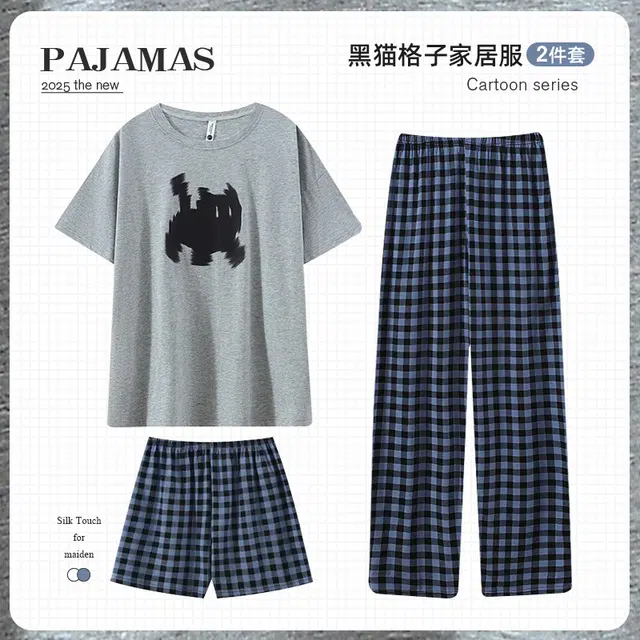 俏韵 舒适休闲卡通短袖长裤睡衣套装 女款 灰色