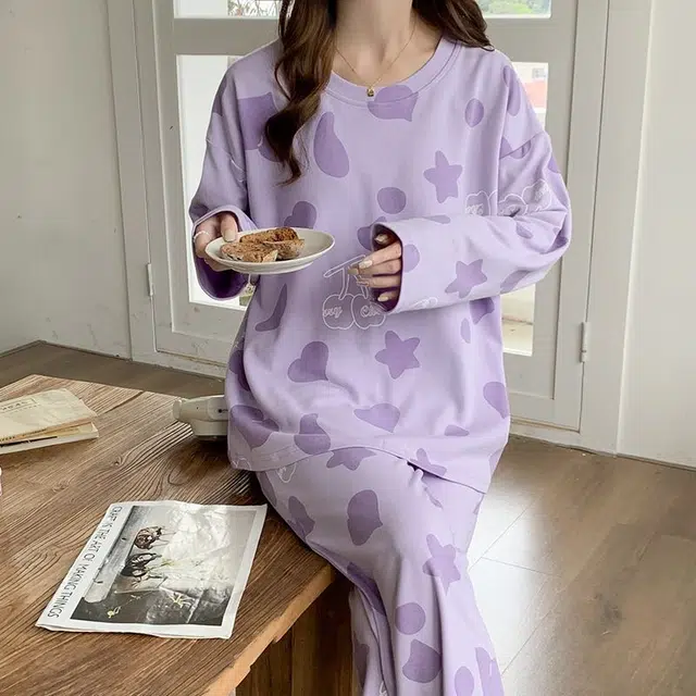 俏韵 圆领春秋季仿棉长袖甜美休闲薄款家居服可外穿睡衣套装 女款