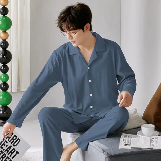 俏韵 翻领春秋季长袖长裤开衫休闲简约薄款舒适家居服可外穿睡衣套装 男款