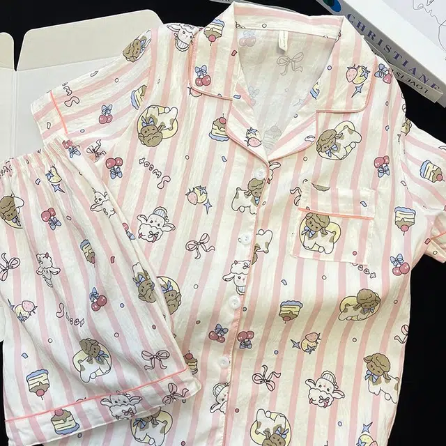 俏韵 翻领卡通条纹夏季云朵棉甜美短袖短裤舒适薄款家居服可外穿睡衣套装 女款