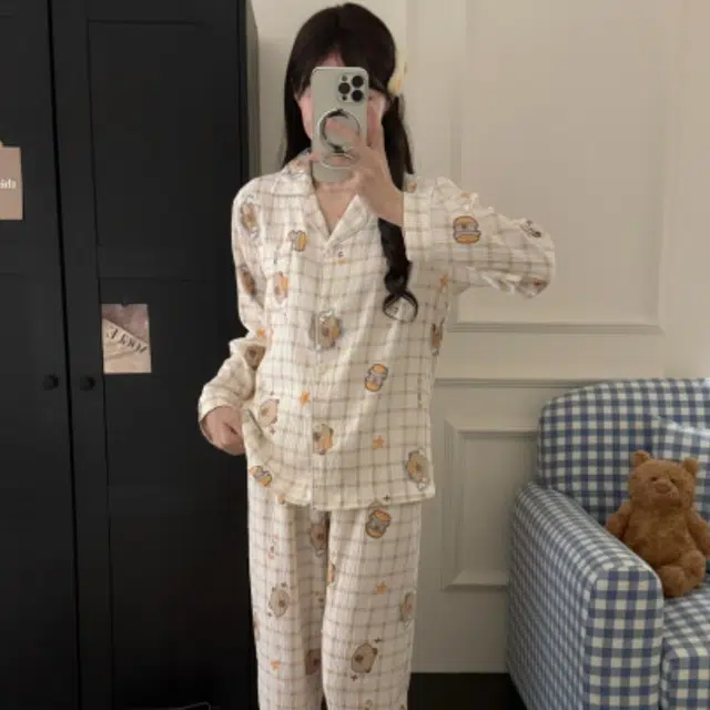 俏韵 翻领卡通卡皮巴拉春秋季云朵棉舒适长袖长裤甜美可爱薄款家居服可外穿睡衣套装 女款