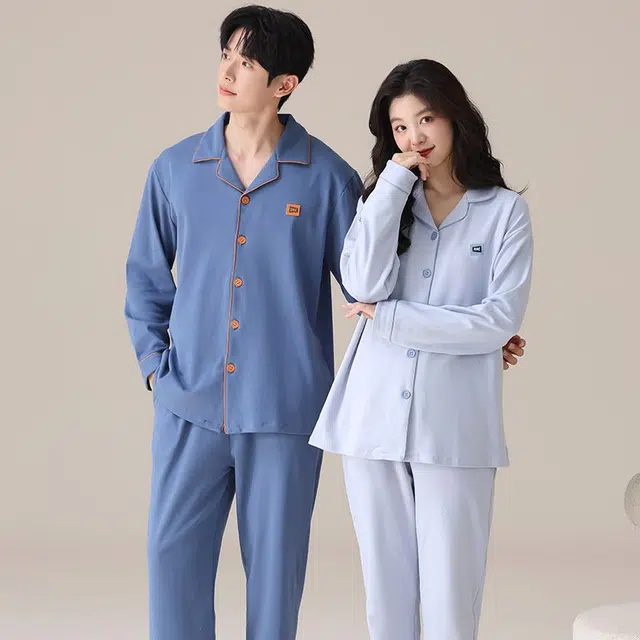 俏韵 翻领春秋季款纯棉简约纯色长袖长裤甜美舒适休闲家居服可外穿睡衣套装 男女同款