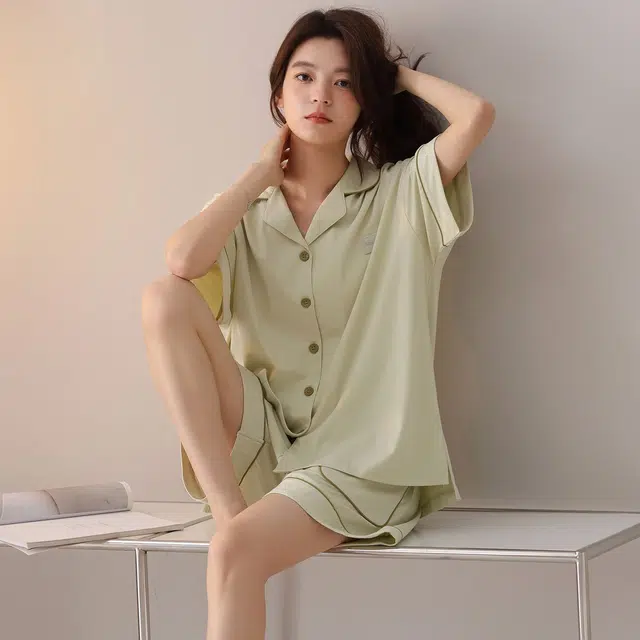 俏韵 翻领夏季纯棉舒适简约短袖开衫甜美可爱薄款家居服可外穿睡衣套装 女款