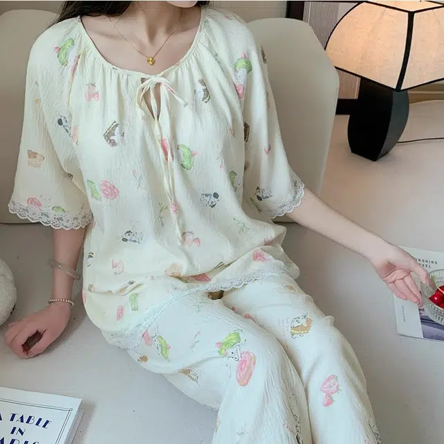 俏韵 圆领短袖长裤三件套薄款舒适家居服可外穿夏季睡衣套装 女款