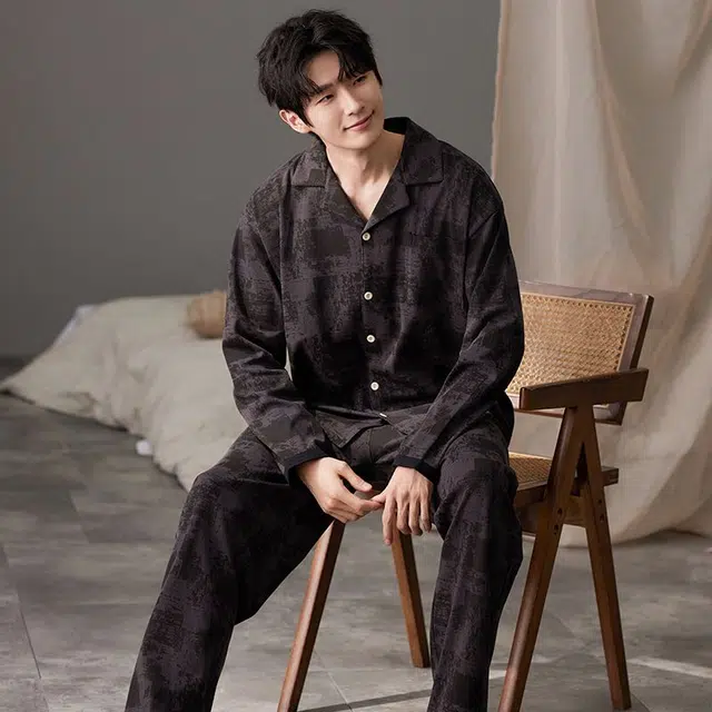 俏韵 翻领春秋季开衫印花长袖休闲简约宽松舒适薄款家居服可外穿睡衣套装 男款