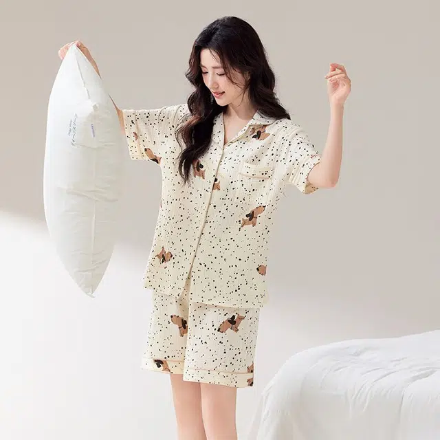 俏韵 翻领夏季纯棉甜美可爱短袖舒适薄款家居服可外穿睡衣套装 女款