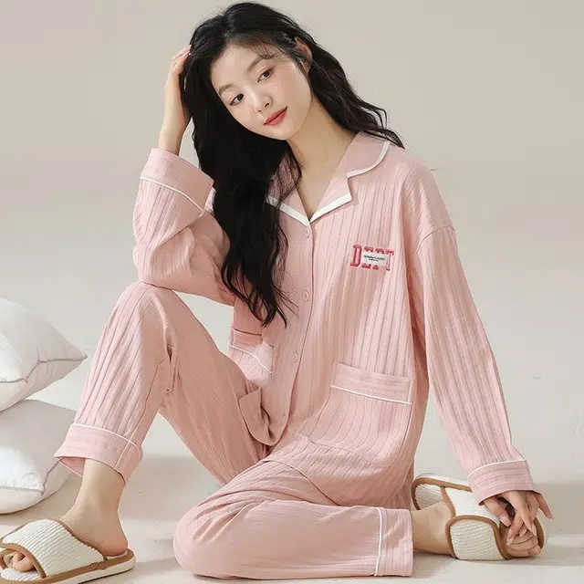 俏韵 翻领春秋季简约风长袖开衫甜美可爱休闲舒适薄款家居服可外穿睡衣套装 女款