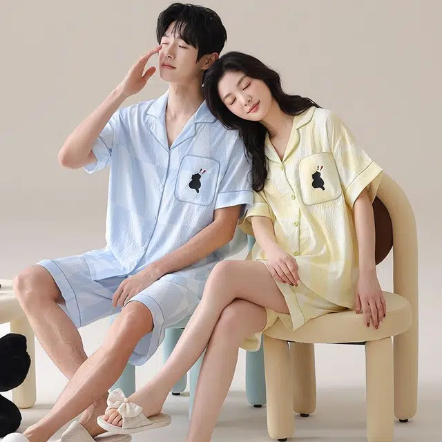 俏韵 翻领卡通简约短袖家居服可外穿睡衣套装 男女同款