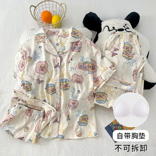 俏韵 翻领卡通夏季云朵棉带胸垫甜美短袖三件套休闲舒适薄款家居服可外穿睡衣套装 女款