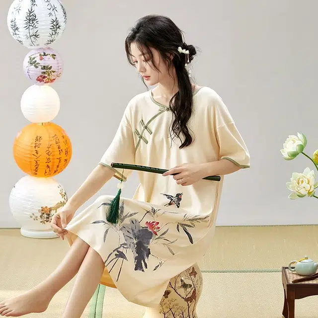 俏韵 圆领中国风短袖简约甜美风中长款家居服可外穿睡裙 女款