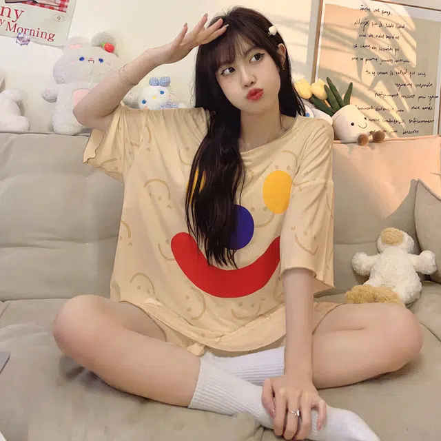 俏韵 可外穿卡通笑脸带胸垫短袖家居服短裤睡衣套装 女款