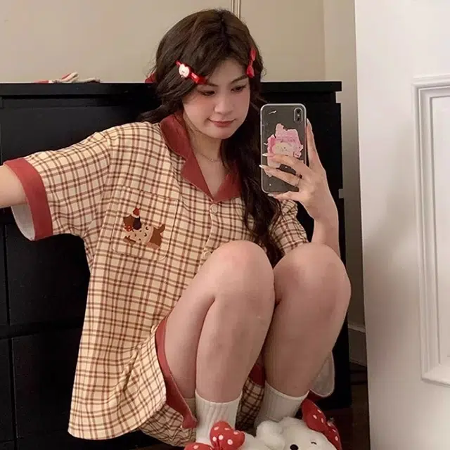 俏韵 翻领夏季苹果腊肠狗日系格子短袖短裤卡通夏天薄款家居服可外穿睡衣套装 女款