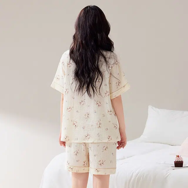 俏韵 翻领夏季猫咪纯棉甜美短袖短裤舒适薄款家居服可外穿睡衣套装 女款