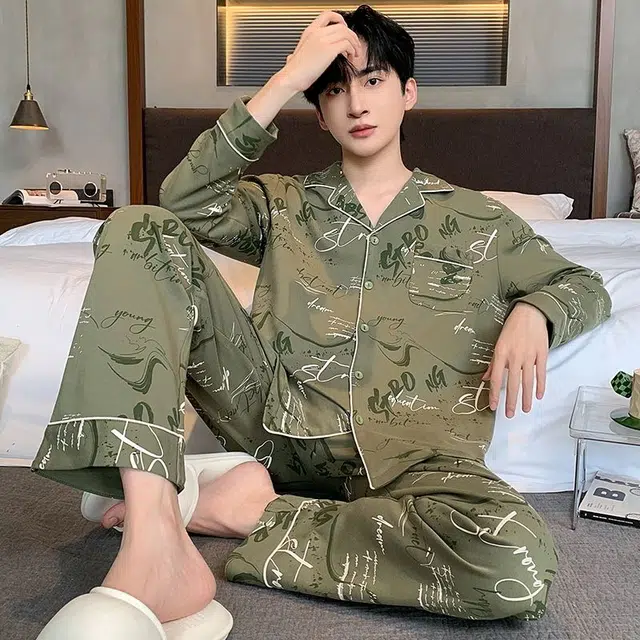 俏韵 翻领春秋季简约印花长袖休闲开衫薄款家居服可外穿睡衣套装 男款