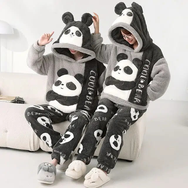 俏韵 连帽卡通熊猫冬季加绒保暖长袖长裤甜美印花可爱舒适家居服可外穿睡衣套装 男女同款