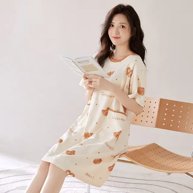 俏韵 圆领夏季简约风薄款舒适休闲家居服可外穿短袖睡裙 女款