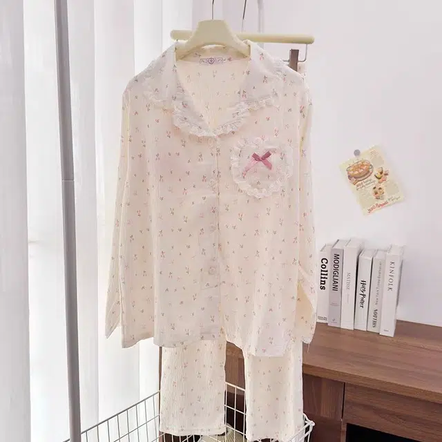 俏韵 翻领卡通春秋季云朵棉甜美风可爱长袖长裤开衫舒适薄款家居服可外穿睡衣套装 女款