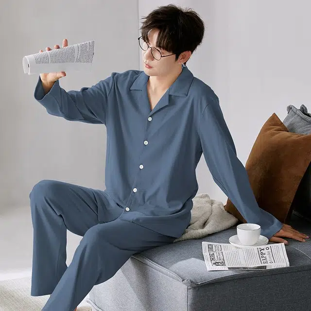 俏韵 翻领春秋季长袖长裤开衫休闲简约薄款舒适家居服可外穿睡衣套装 男款
