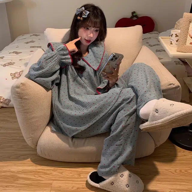 俏韵 波点休闲长袖长裤甜美外穿家居服睡衣套装 女款 蓝色