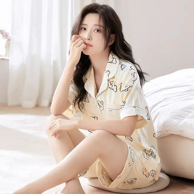 俏韵 翻领卡通夏季云朵棉舒适可爱甜美短袖三件套薄款家居服可外穿睡衣套装 女款