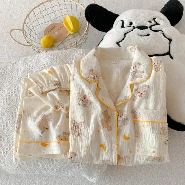 俏韵 翻领卡通小熊夏季云朵棉印花开衫短袖短裤甜美可爱家居服可外穿睡衣套装 女款