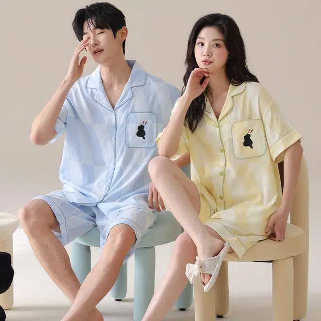 俏韵 翻领卡通简约短袖家居服可外穿睡衣套装 男女同款