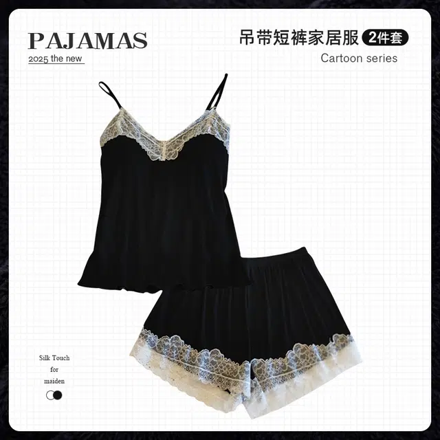 俏韵 带胸垫舒适吊带无袖上衣家居服外穿三分裤睡衣套装 女款 黑色