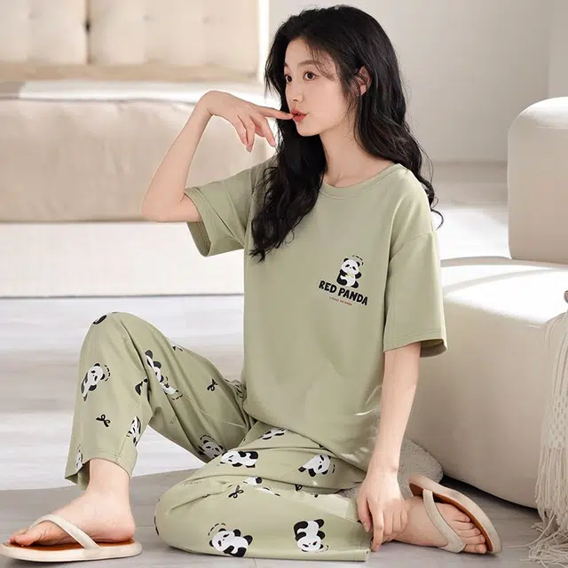 俏韵 圆领卡通熊猫夏季舒适纯棉短袖长裤带胸垫甜美薄款凉感家居服可外穿睡衣套装 女款