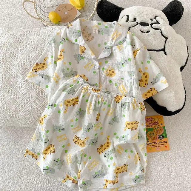 俏韵 翻领卡通猫咪夏季云朵棉可爱甜美短袖短裤薄款舒适家居服可外穿睡衣套装 女款