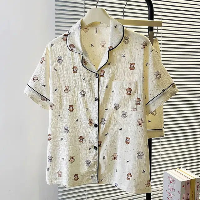 俏韵 翻领夏季卡通同我云朵棉舒适短袖甜美薄款家居服可外穿睡衣套装 女款