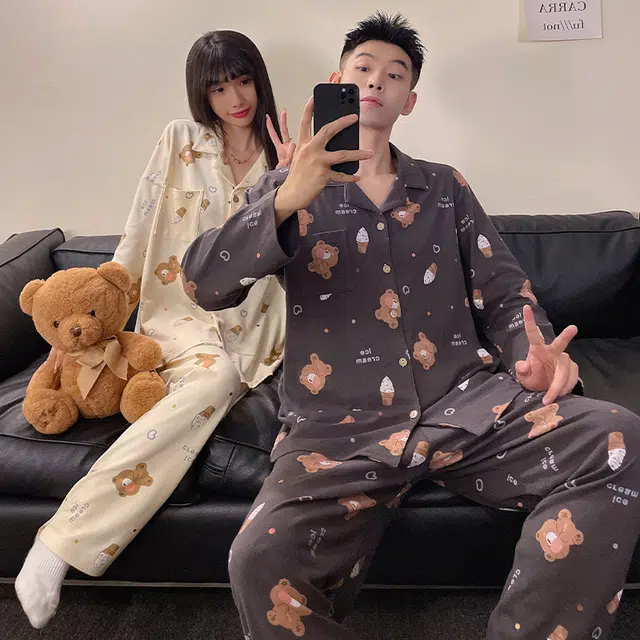 俏韵 翻领卡通春秋季简约印花长袖长裤甜美可爱舒适家居服可外穿睡衣套装 男女同款