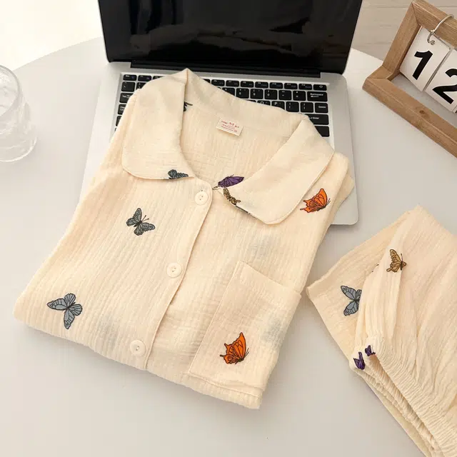 俏韵 翻领夏季甜美可爱蝴蝶短袖短裤夏天休闲舒适薄款家居服可外穿睡衣套装 女款