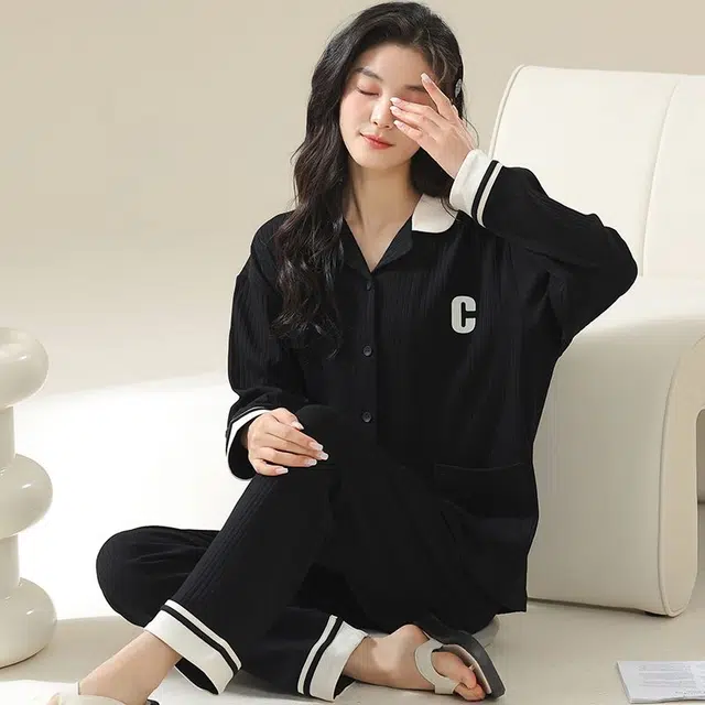 俏韵 翻领春秋季天长袖长裤开衫甜美可爱休闲舒适薄款家居服可外穿睡衣套装 女款