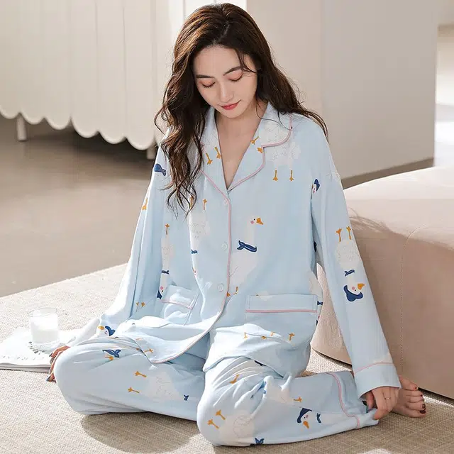 俏韵 翻领卡通春秋季舒适长袖长裤甜美可爱薄款家居服可外穿睡衣套装 女款