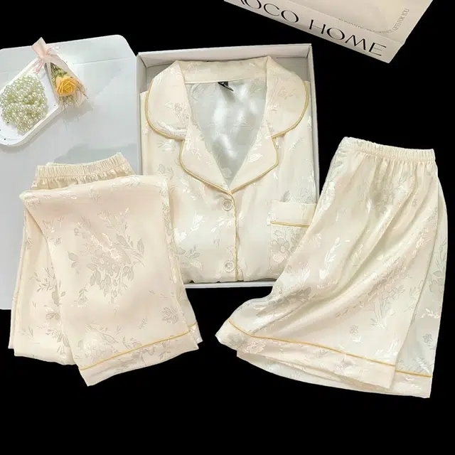 俏韵 带胸垫短袖国风冰丝三件套家居服夏季睡衣套装 女款