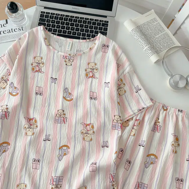 俏韵 圆领卡通小熊夏季云朵棉甜美可爱短袖短裤休闲舒适薄款家居服可外穿睡衣套装 女款