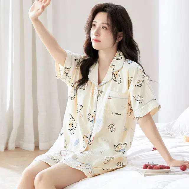 俏韵 卡通翻领甜美短袖三分裤薄款家居服可外穿夏季睡衣套装 女款