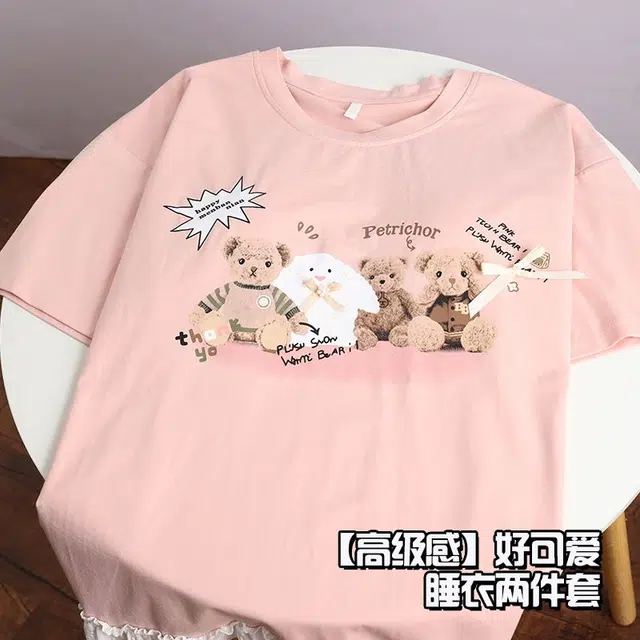 俏韵 圆领卡通短袖短裤可爱套头带胸垫甜美家居服可外穿夏季款睡衣套装 女款