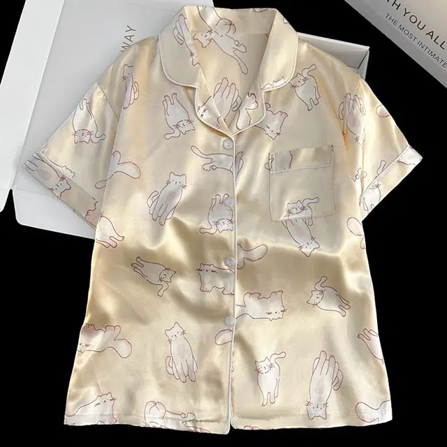 俏韵 翻领夏季冰丝舒适凉感短袖甜美可爱薄款家居服可外穿睡衣套装 女款