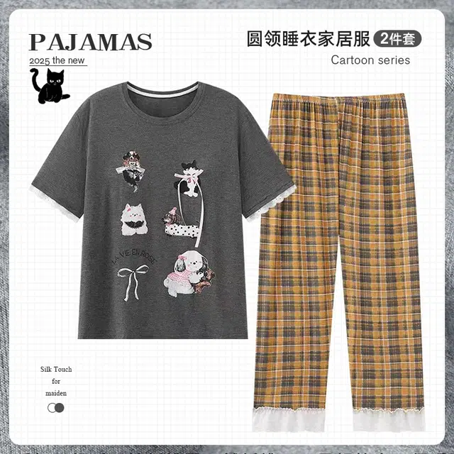 俏韵 圆领卡通短袖长裤带胸垫可爱印花薄款家居服可外穿睡衣套装 女款