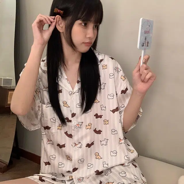 俏韵 翻领卡通夏季冰丝短袖甜美可爱薄款家居服可外穿睡衣套装 女款